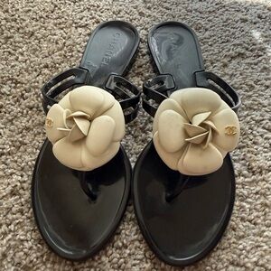 Authentic Chanel Camellia Jelly Thong Sandals with CC gold hardware in EU 37